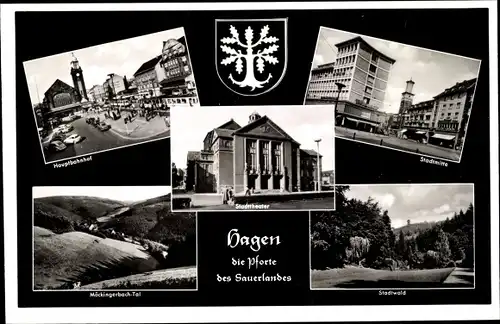 Ak Hagen Kreis Arnsberg im Sauerland, Hauptbahnhof, Stadttheater, Stadtwald, Wappen