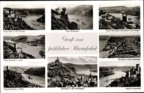 Ak Braubach am Rhein, Burg Katze, Loreley, Marksburg, Burg Gutenfels, Burg Sonneck, Burg Rheinstein