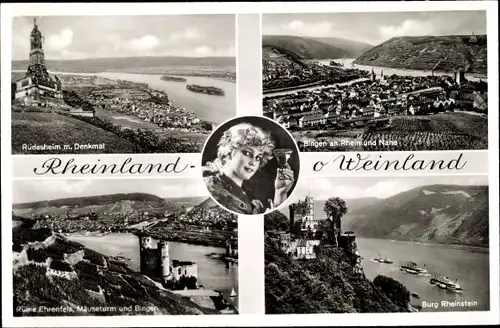 Ak Rüdesheim am Rhein, Denkmal, Bingen, Burg Rheinstein, Ehrenfels, Mäuseturm