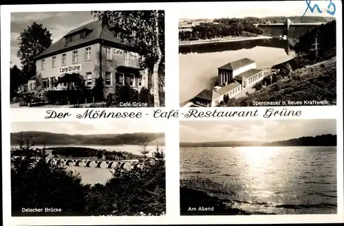 Ak Möhnesee, Café Restaurant Grüne, Kraftwerk, Sperrmauer, Delecker Brücke