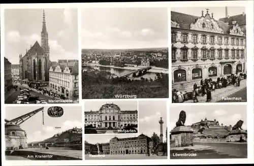 Ak Würzburg am Main Unterfranken, Ort, Marienkapelle, Falkenhaus, Löwenbrücke, Residenz, Hofgarten