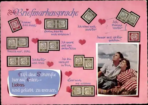 Ak Briefmarkensprache, Liebespaar, Ich träume von Dir, Verzeih mit bitte