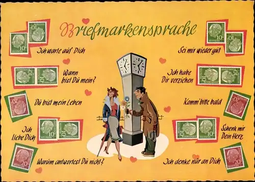 Ak Briefmarkensprache, Unerwiderte Liebe, Blumen, Kavalier, Uhr