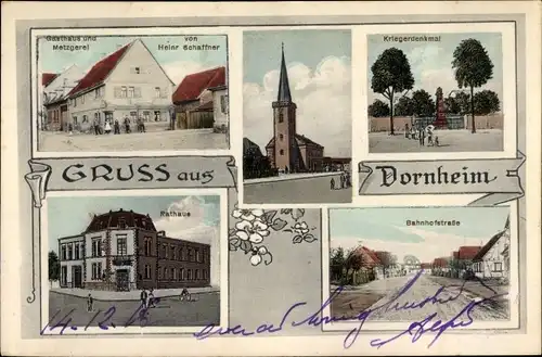 Ak Dornheim Groß Gerau in Hessen, Kriegerdenkmal, Bahnhofstraße, Gasthaus Rathaus, Kirche