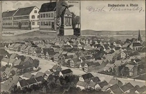 Ak Biebesheim am Rhein, Kriegerdenkmal, Rathaus, Schulhaus, Totalansicht