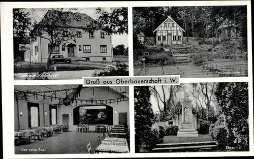 Ak Oberbauerschaft Hüllhorst Westfalen, Gasthaus Kahle Wart, Freilichtbühne, Neuer Saal, Ehrenmal