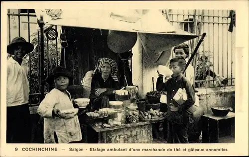 Ak Saigon Cochinchine Vietnam, Etalage ambulant, marchande de the et gateaux
