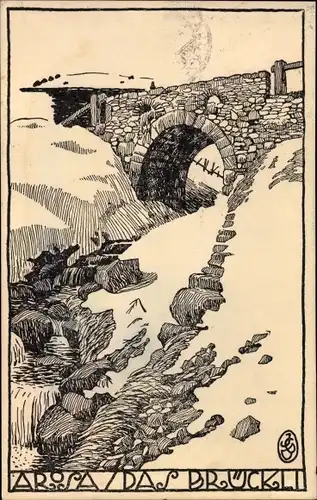 Künstler Ak Arosa Kanton Graubünden Schweiz, Das Brückli