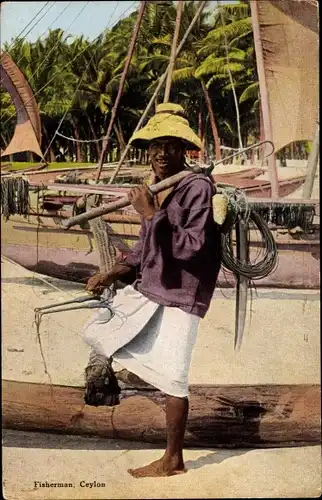 Ak Ceylon Sri Lanka, Fisherman, Fischer am Strand