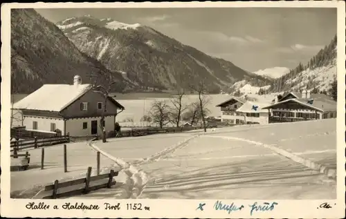 Ak Haller am Haldensee in Tirol, Blick zum Skihang über den See z. Neunerkopf u. Kühlgrund Spitze