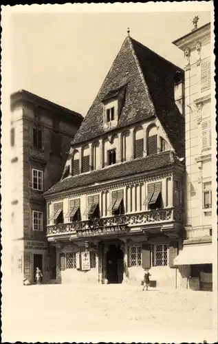 Foto Ak Steyr in Oberösterreich, Volkskredit Bauern- und Gewerbebank, Johann Amort Eisenhanlung