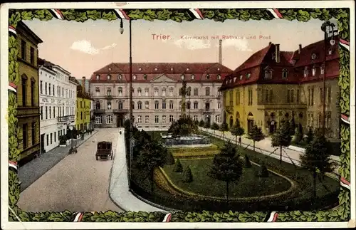 Ak Trier in Rheinland Pfalz, Kornmarkt, Rathaus, Post, Grünfläche, Springbrunnen