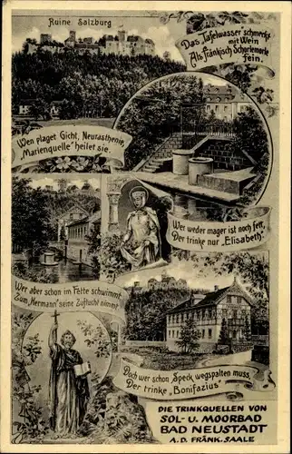 Ak Bad Neustadt an der Saale Unterfranken, Trinkquelle, Ruine Salzburg, Tafelwasser Elisabeth