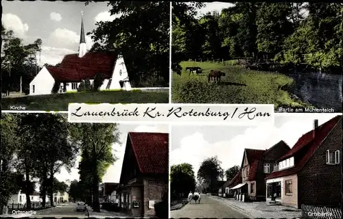 Ak Lauenbrück in Niedersachsen, Mühlenteich, Ortspartie, Kirche