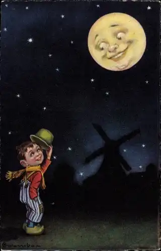 Künstler Ak Colombo, E., Junge grüßt den Mond, Hut ab, Mondgesicht