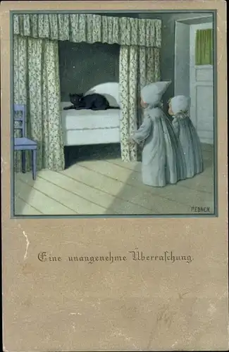 Künstler Ak Ebner, Pauli,Eine unangenehme Überraschung, Kinder entdecken eine schwarze Katze im Bett