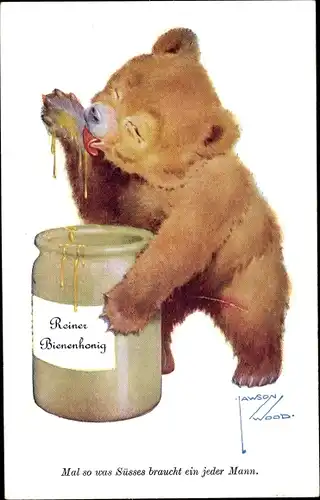 Künstler Ak Wood, Lawson, Bär isst Honig aus Honigglas