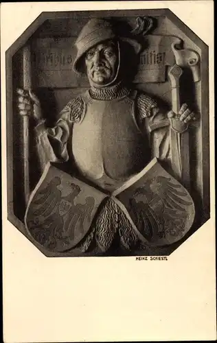 Ak Plastik von Heinz Schiestl, Bruder von Matthäus, Ritter, Wappen, Schwert, Relief