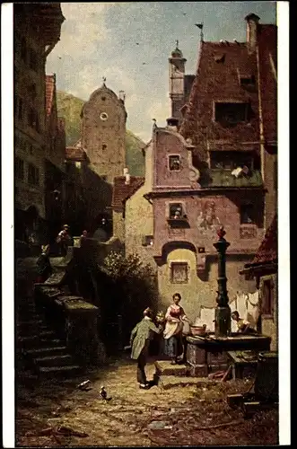 Künstler Ak Spitzweg, Carl, Der Hochzeiter, Frauen und Mann am Brunnen