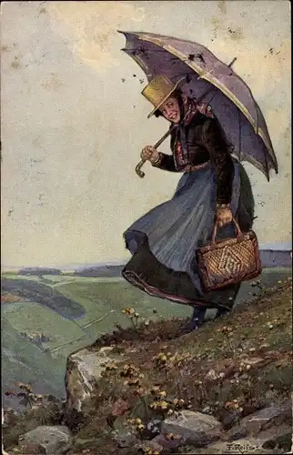 Künstler Ak Reiss, Fritz, Schwarzwälder Leben, Schwarzwälderin, Schirm