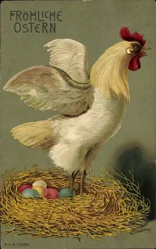 Präge Ak Glückwunsch Ostern, Hahn bewacht Nest mit Ostereiern