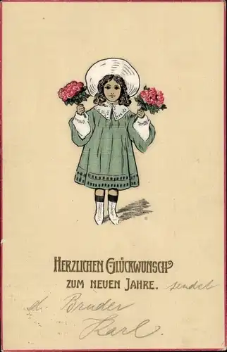 Ak Glückwunsch Neujahr, Mädchen mit Rosensträußen