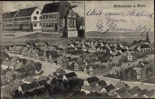 Ak Biebesheim am Rhein, Kriegerdenkmal, Rathaus, Schulhaus, Totalansicht
