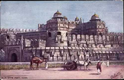 Künstler Ak Agra Indien, Delhi Gate Fort, Festung, Rinderkarren, Kamel