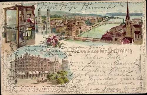 Litho Zürich Stadt Schweiz, Weberin, Seidenstoff Fabrik Union, Blick auf den Ort