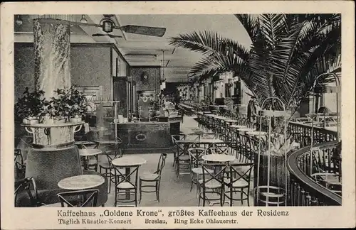 Ak Wrocław Breslau Schlesien, Kaffeehaus Goldene Krone, Innenansicht, Ring, Ecke Ohlauerstraße