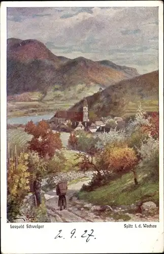 Künstler Ak Schweiger, L., Spitz in Niederösterreich, Blick auf den Ort, Kirche, Blühende Bäume