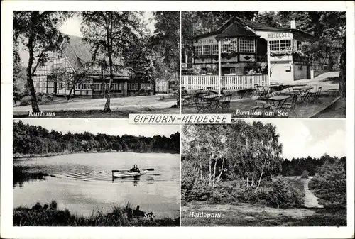 Ak Gifhorn in Niedersachsen, Heidesee, Kurhaus, Pavillon am See, Heidepartie