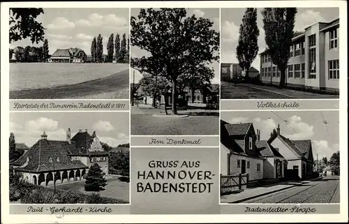 Ak Badenstedt Hannover in Niedersachsen, Sportplatz, Volksschule, Paul Gerhardt Kirche, Denkmal