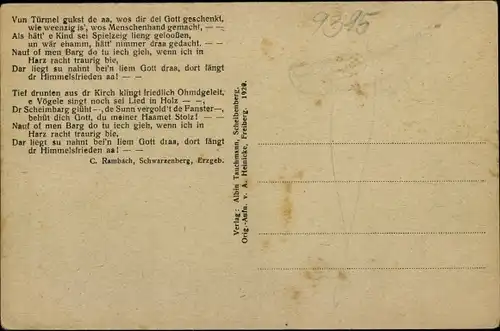 Ak Scheibenberg im Erzgebirge, Totalansicht, Lied Druhm zieht ins Harz dr rachte Frieden ei!