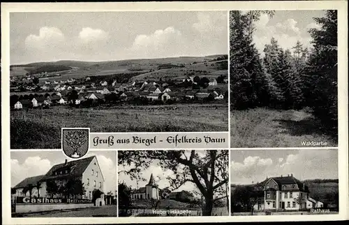 Ak Birgel in der Eifel, Gasthof Reifferscheid, Waldpartie, Rathaus, Hubertuskapelle, Wappen