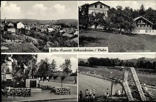 Ak Bad Sobernheim an der Nahe, Felke-Denkmal, Kurhaus Neues Leben, Sole-Schwimmbad
