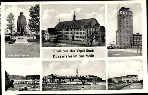 Ak Rüsselsheim Main, Adam Opel Denkmal, Rathaus, Bahnhof, Hochbau, Stadthalle, Marktplatz