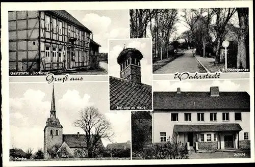 Ak Wahrstedt Velpke in Niedersachsen, Gaststätte Dorfkrug, Kirche, Schule, Storchennest