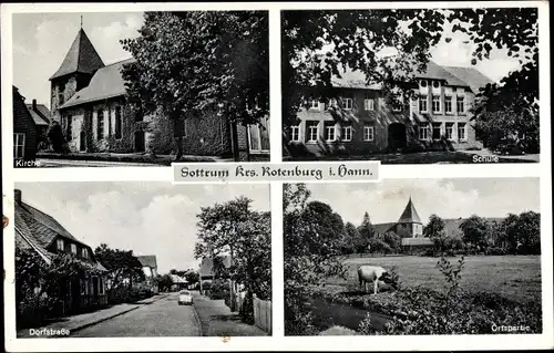 Ak Sottrum im Landkreis Rotenburg, Kirche, Schule, Ortspartie, Dorfstraße