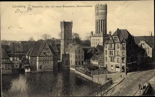 Ak Lüneburg in Niedersachsen, Ratsmühle, alter und neuer Wasserturm, Altenbrückertor