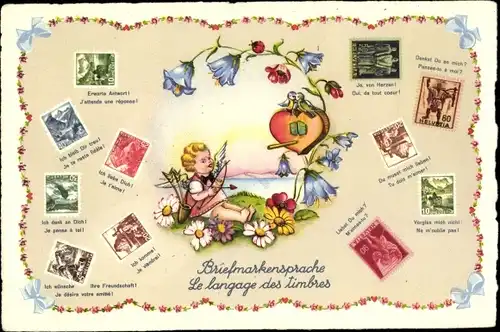 Briefmarken Ak Schweiz, Briefmarkensprache, Engel, Blumen