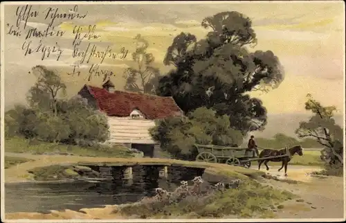 Litho Landschaft, Pferdekarren, Brücke, Haus