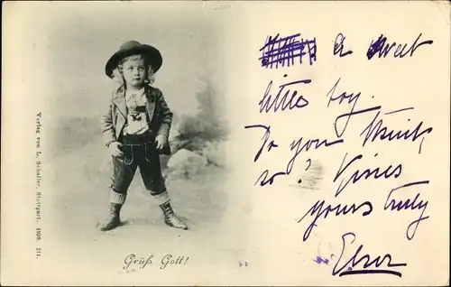 Ak Grüß Gott, Junge in bayrischer Tracht, Lederhose