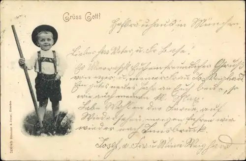 Ak Grüß Gott, Junge in bayrischer Tracht, Lederhose