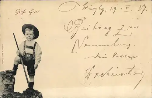 Ak Grüß Gott, Junge in bayrischer Tracht, Lederhose