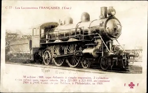 Ak Französische Eisenbahn, Etat, Tender 2908, Typ Atlantic, Dampflok