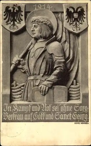 Ak Plastik von Heinz Schiestl, Bruder von Matthäus, Ritter, Wappen, Relief, Sankt Georg