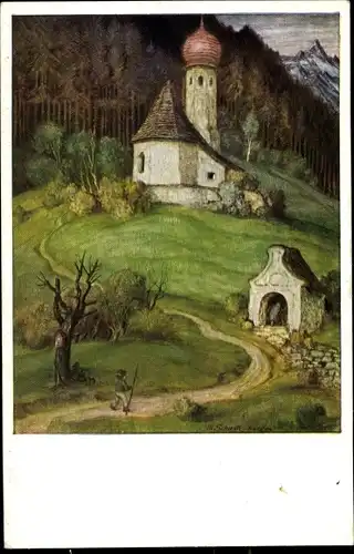Künstler Ak Schiestl, Matthäus, Landschaft mit Kirche, Bergkapelle