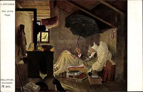 Künstler Ak Spitzweg, Carl, Der arme Poet, Regenschirm, Bücher