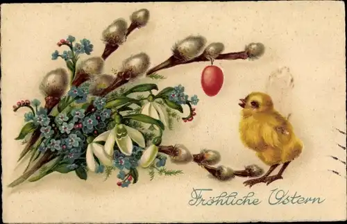 Ak Glückwunsch Ostern, Küken, Weidenkätzchen, Schneeglöckchen, Osterei, Vergissmeinnicht
